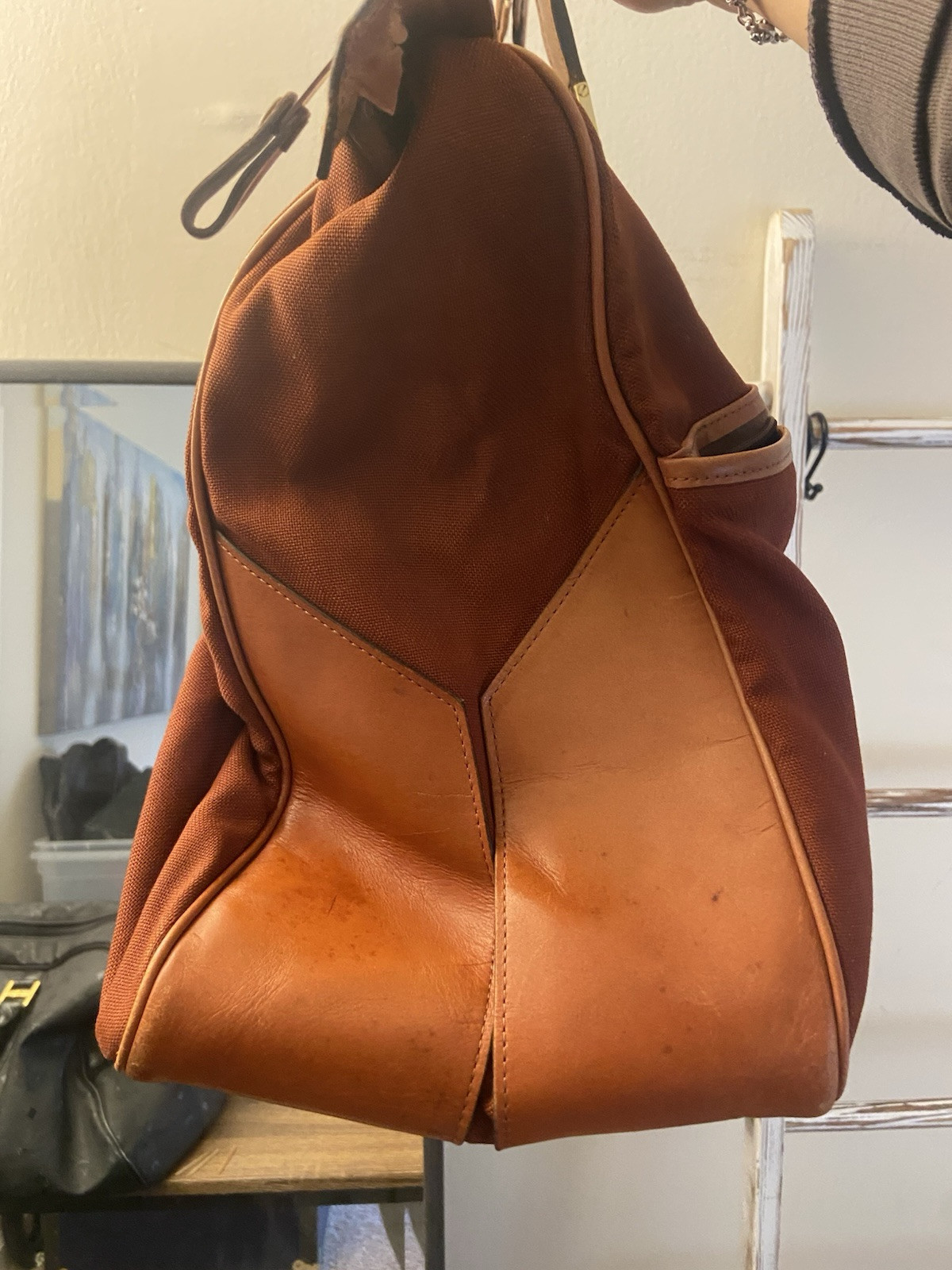 Yves Saint Laurent Vintage Canvas Red Brown Large Duffle Boston Bag, Fair Cond