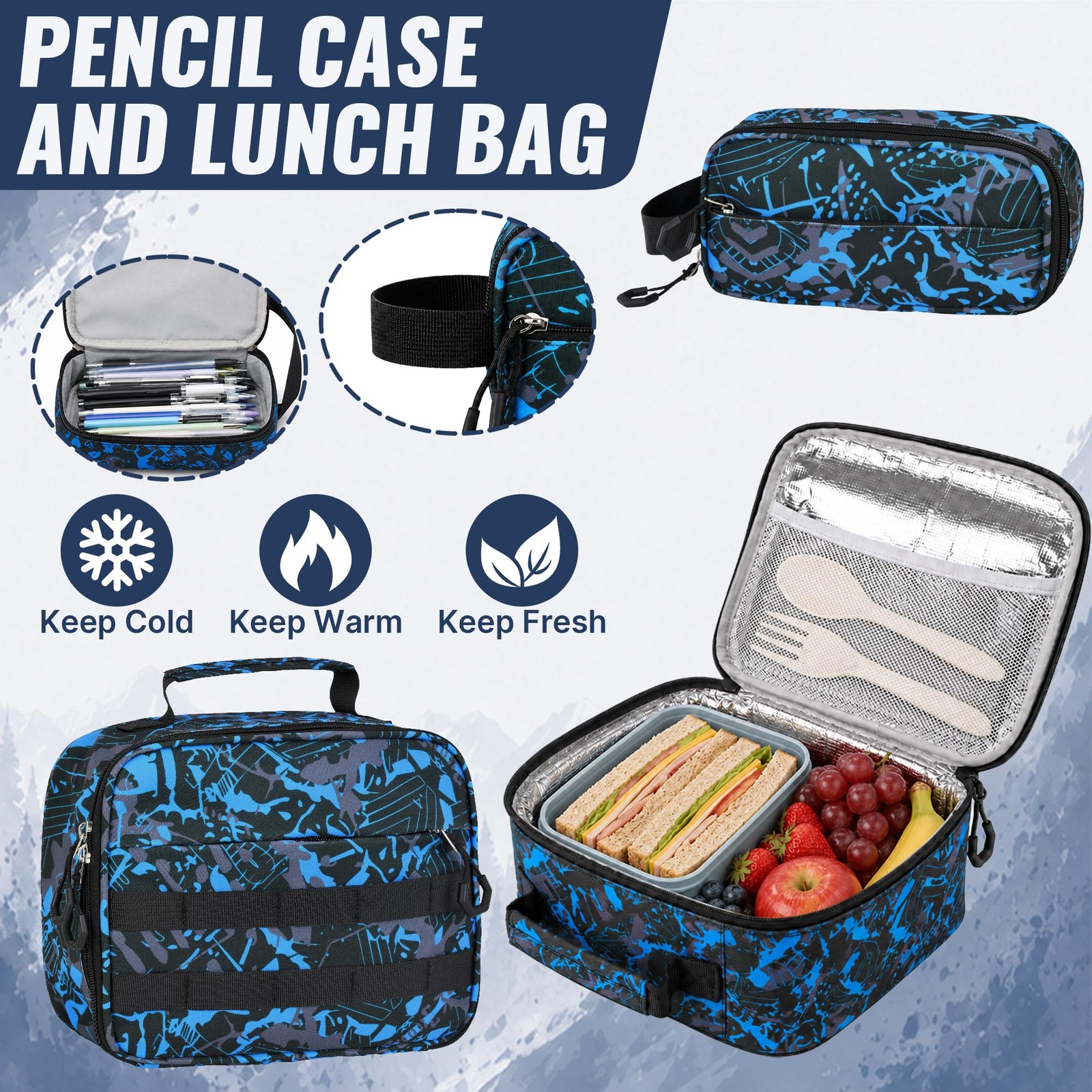 Boys Backpack with Lunch Box, 4 PCS Blue Camo Large Capacity Elementary Schoo…