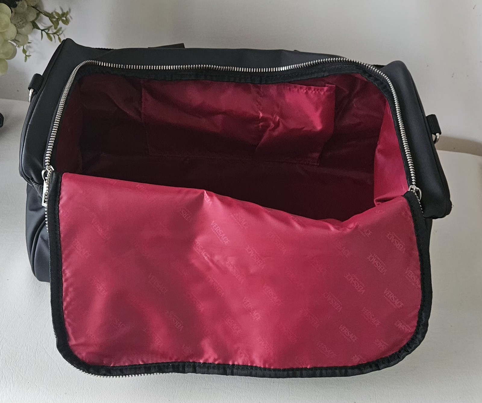 Versace Fragrances Black Duffle with Silver Tone Zipper Travel Overnight Gym Bag