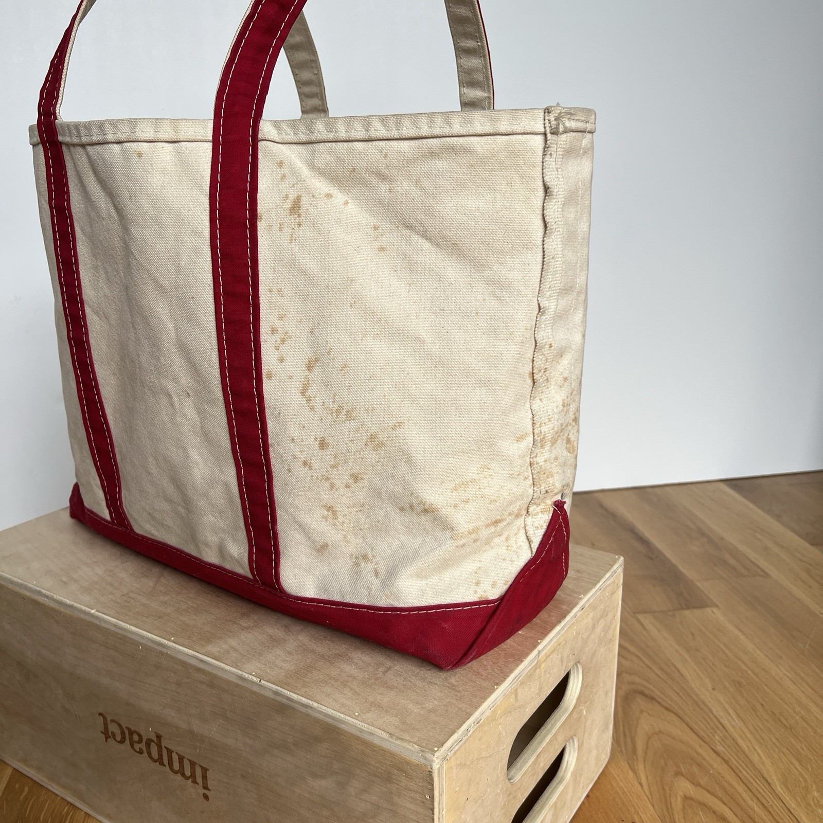 Vintage 90’s 00’s LL Bean Boat and Tote Bag Large Ivory Red Canvas USA Stained