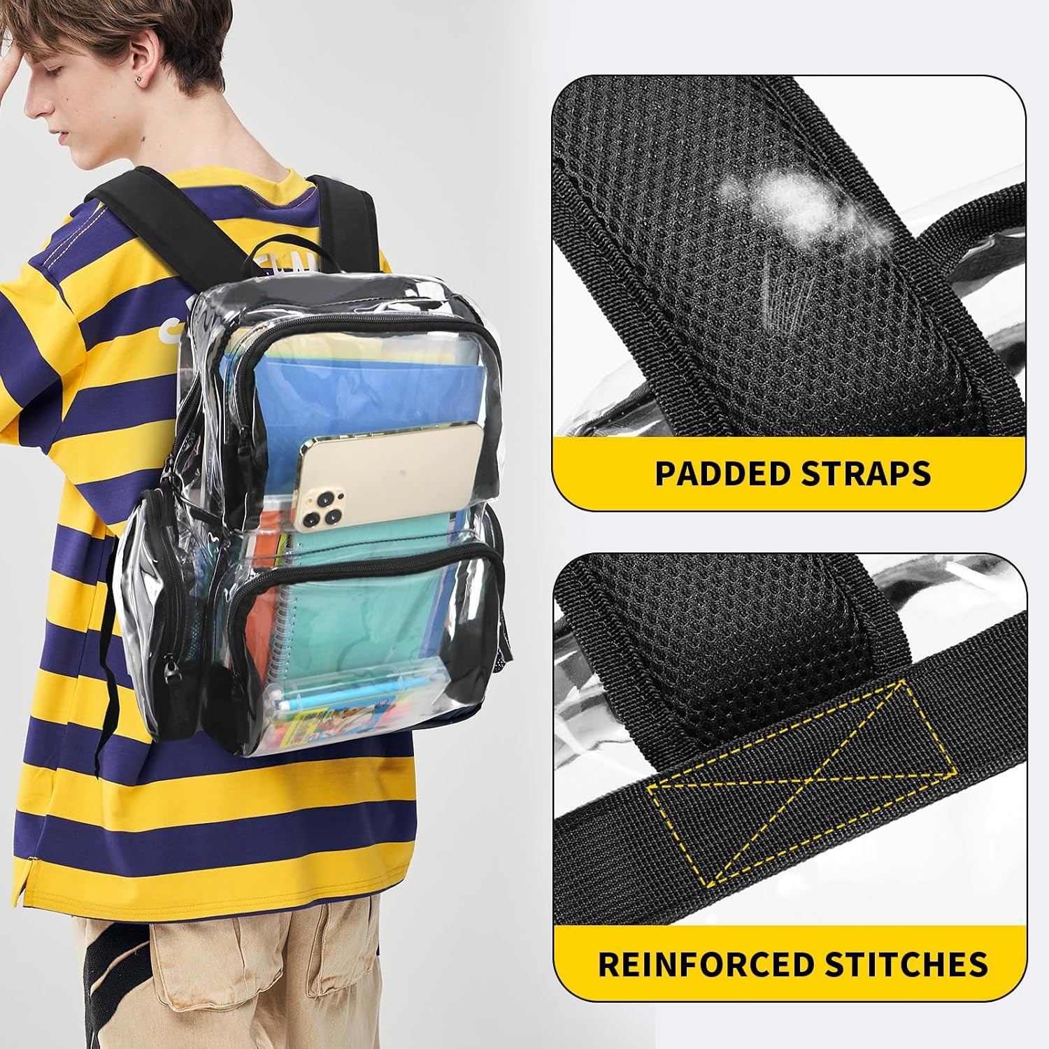 Heavy Duty Clear Black X-Large Transparent Large Backpack Book Bag