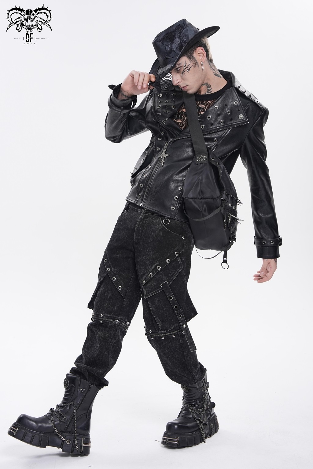 Devil Fashion Men Black Gothic Punk Skull Stud Spiked Shoulder Bag Messenger Bag