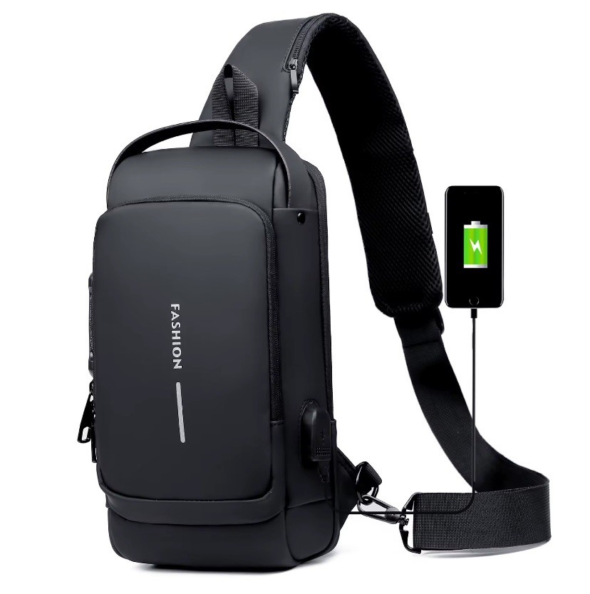 Men’s Sling Bag Waterproof Crossbody Backpack USB Anti Theft Chest Bag Black