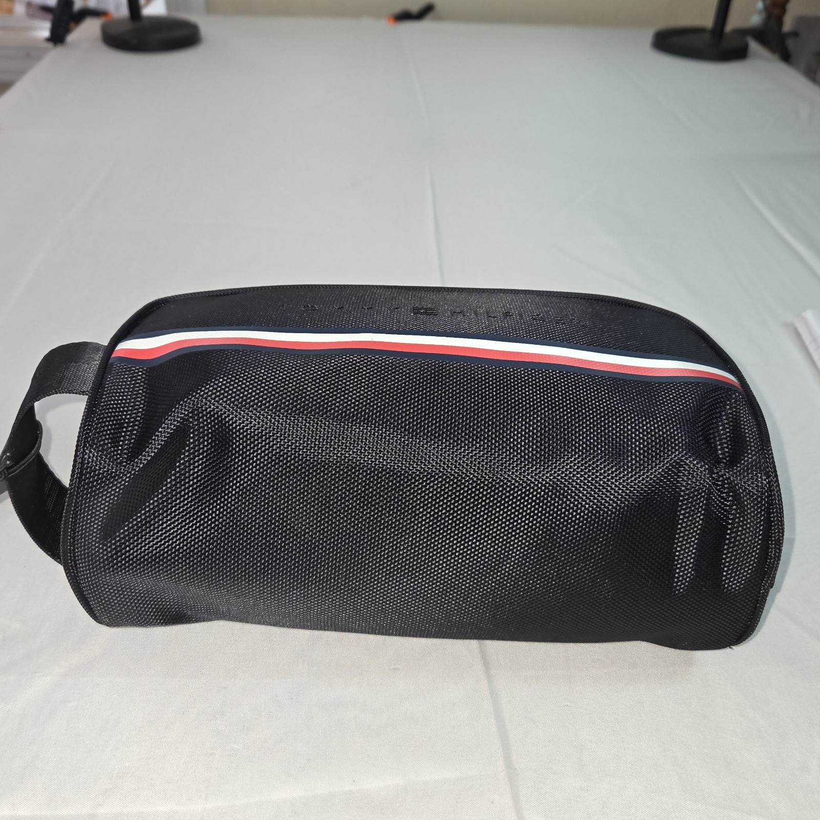 NWT Tommy Hilfiger Black Red/white Stripe Travel Toiletry Bag. Unisex