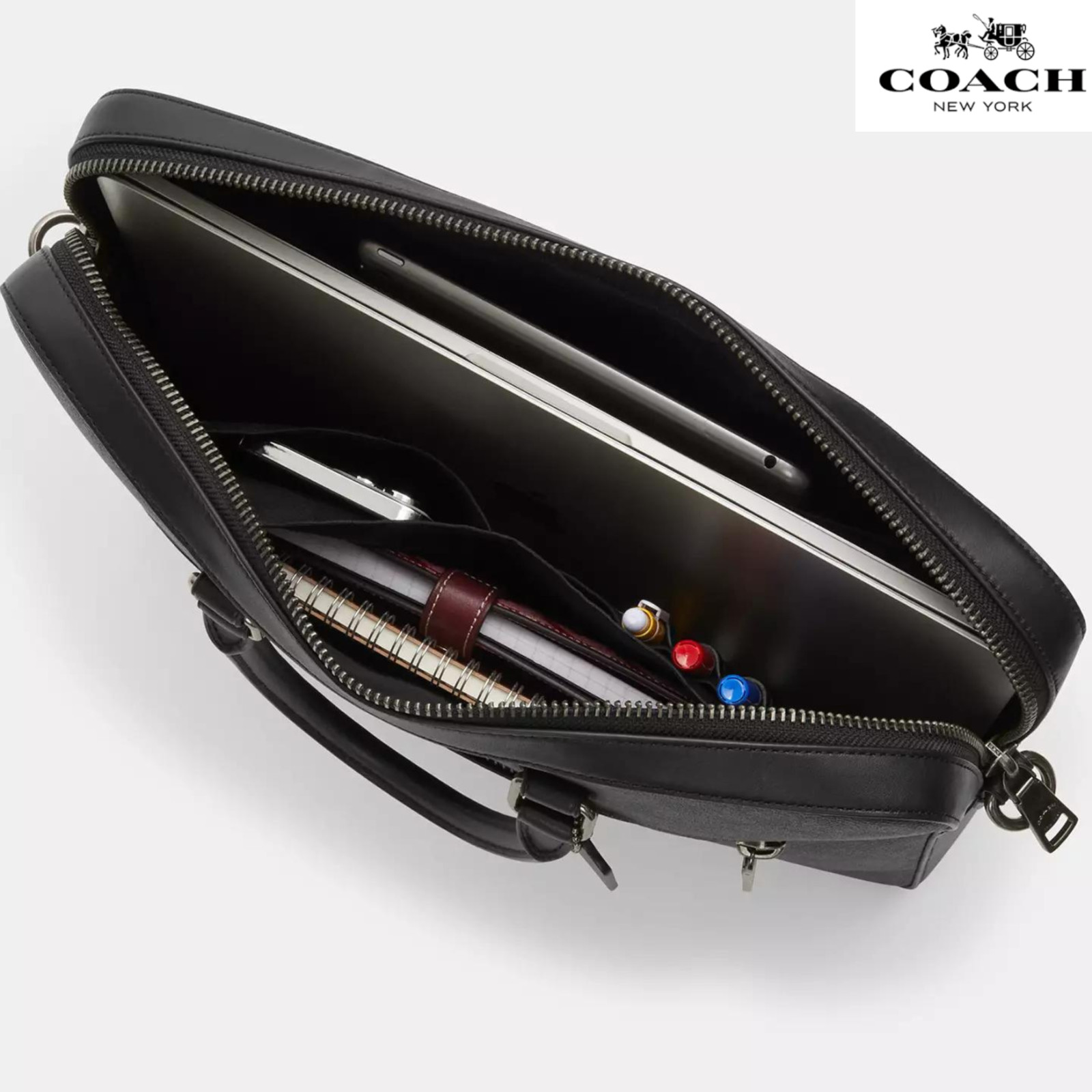 Coach Ethan Slim Brief In Signature Canvas for laptop Gunmetal Charcoal Black
