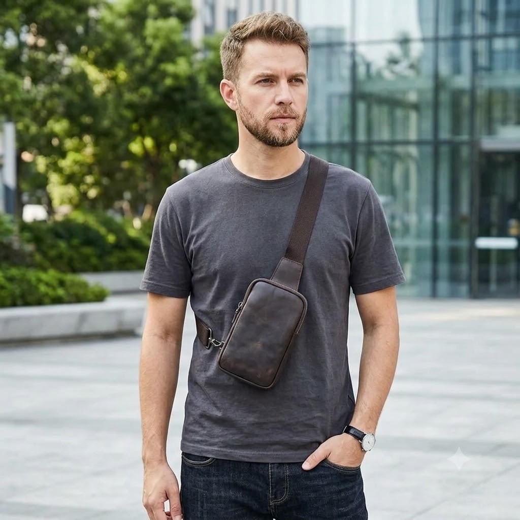 Genuine Leather Crossbody Bag Men Chest Sling Backpack Brown Vintage