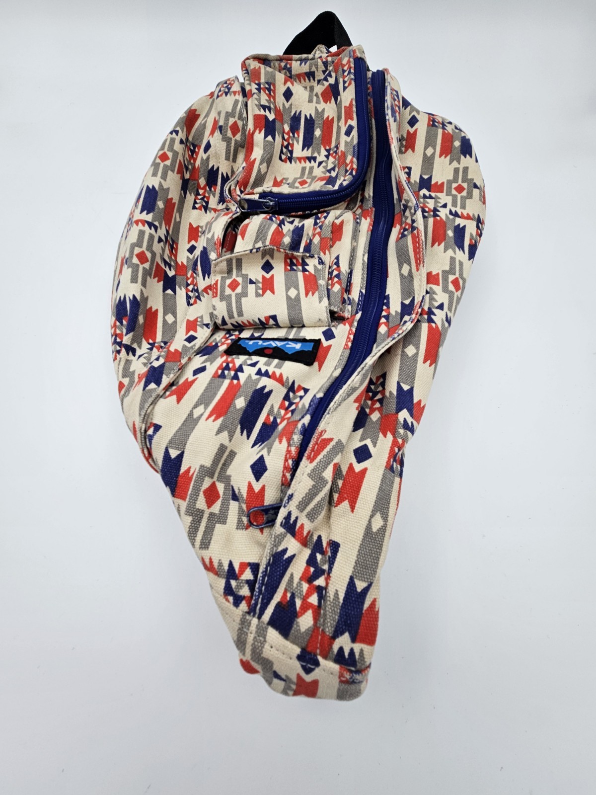 KAVU Sling Backpack Tribal Print Cotton Rope Strap Blue Red White
