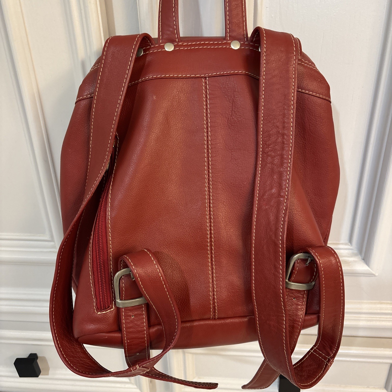 Piel Genuine Leather Red Backpack Purse With Straps Buckle Snap Closure.