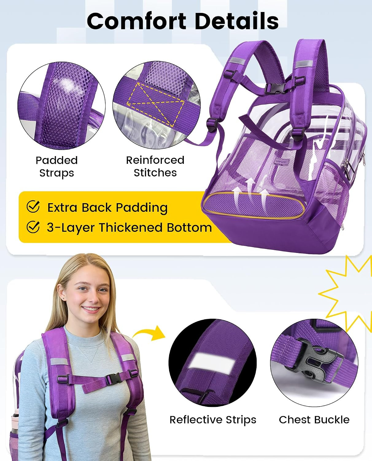 Clear Backpack with TSA Lock, Large Clear Bookbag, Purple | Heavy Duty See throu