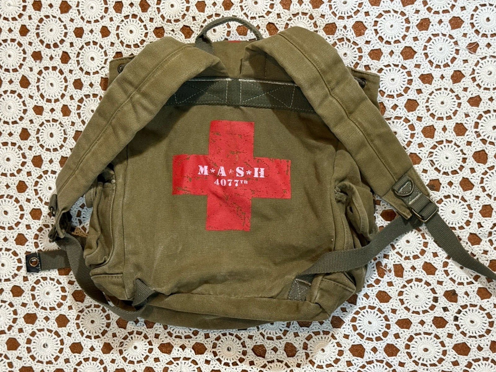 MASH 4077th Movie Themed Backpack Rucksack Military Style Green Grunge Travel