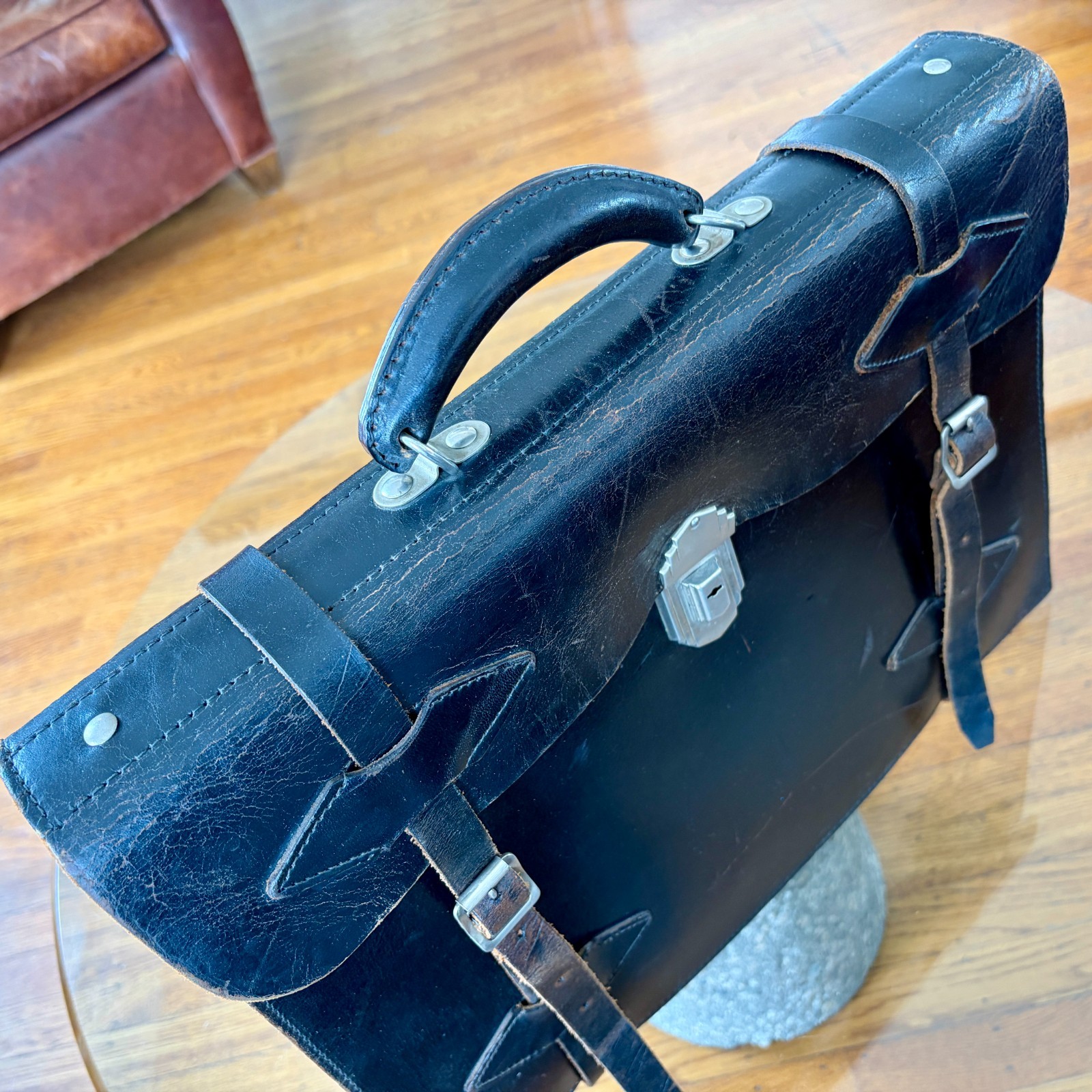 1920s Leather Briefcase Satchel Bag Double Strap Messenger MacBook Pro Blk Vtg