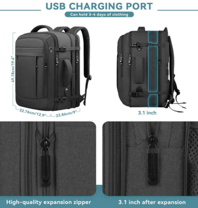 Mochila de viaje 50L expandible para portátil 17″, resistente al agua