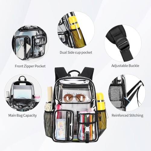 Heavy-Duty Clear Backpack for Stadium Events, TPU Clear Book Bag, 16 x Black