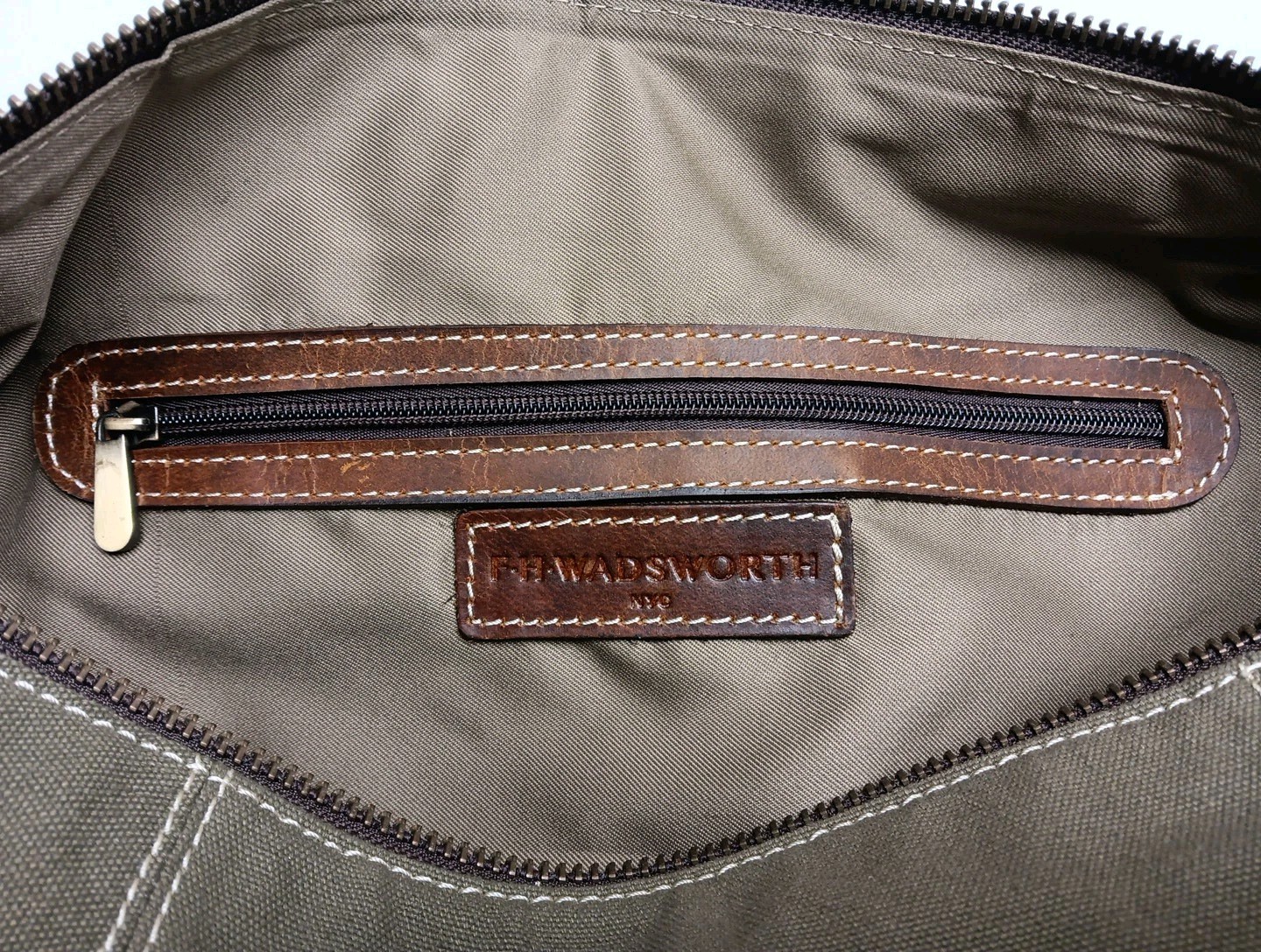 FH Wadsworth Canvas Leather Trim Weekender Duffel Bag Moss/Navy Embroidered
