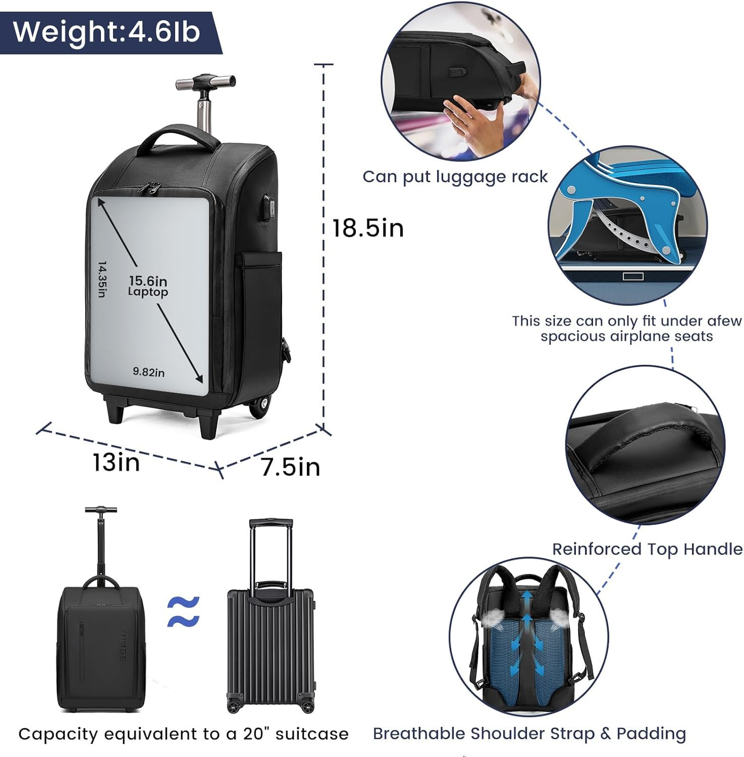Rolling Backpack With Wheels 15.6 Inch Laptop Travel Bag USB Port Carry On