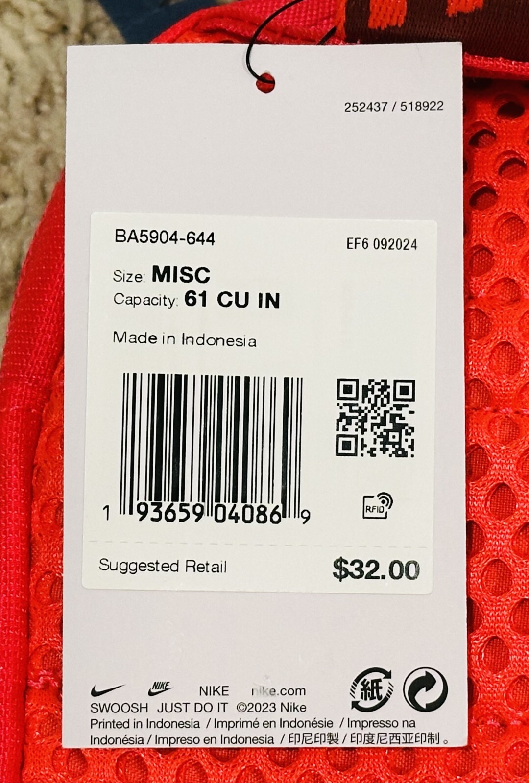 Nike Sportswear Essentials Crossbody Bag (1L)-Laser Crimson-One Size #BA5904 644