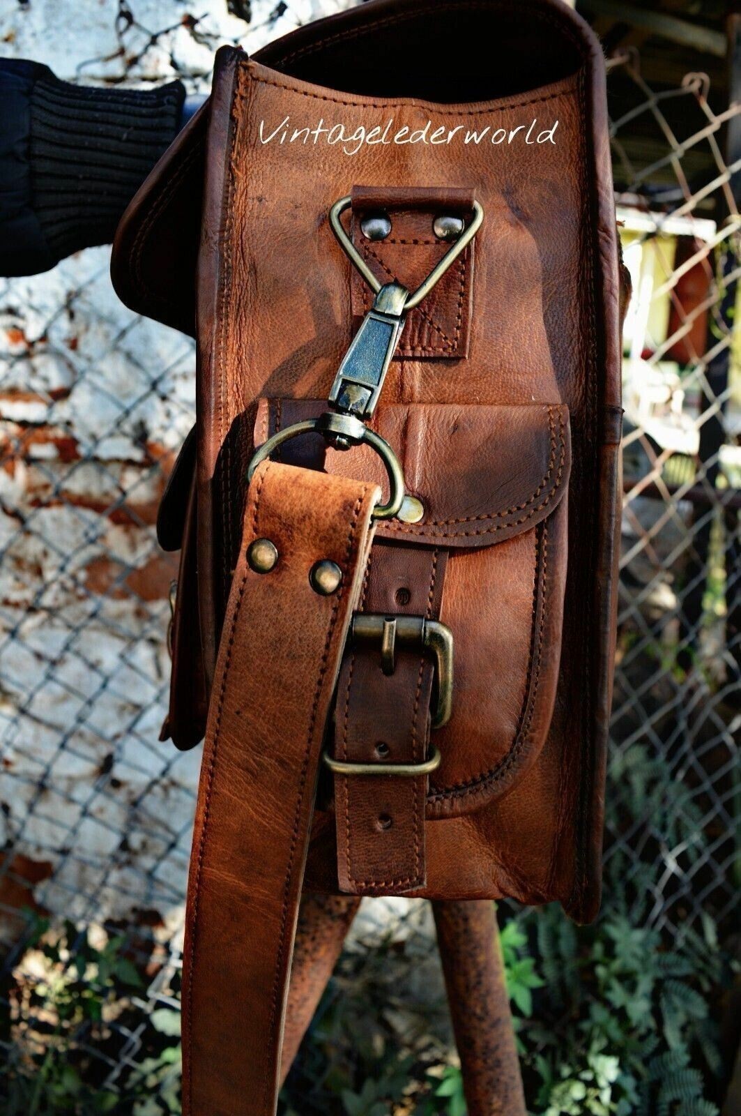 Goat Leather Messenger Real Satchel Men’s 15″ Bag Genuine Laptop Brown Briefcase