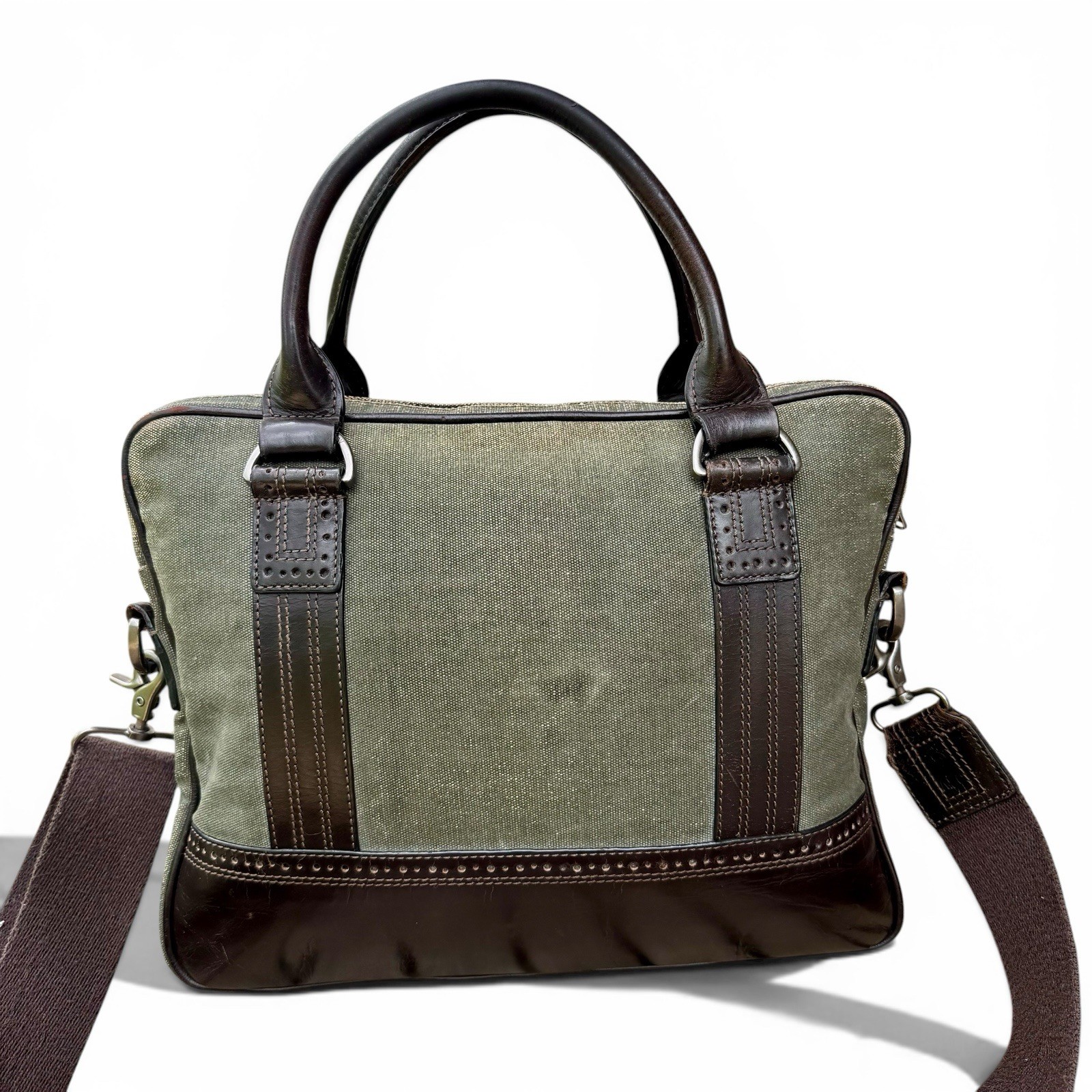 John Varvatos Distressed Olive Canvas Leather Messenger Laptop Bag Brown