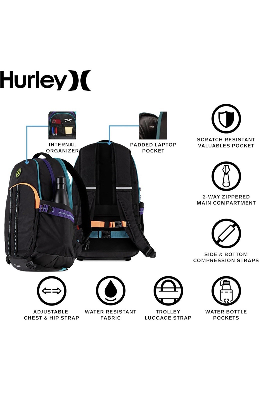 Hurley Joshua Black Multi Commuter Travel Backpack