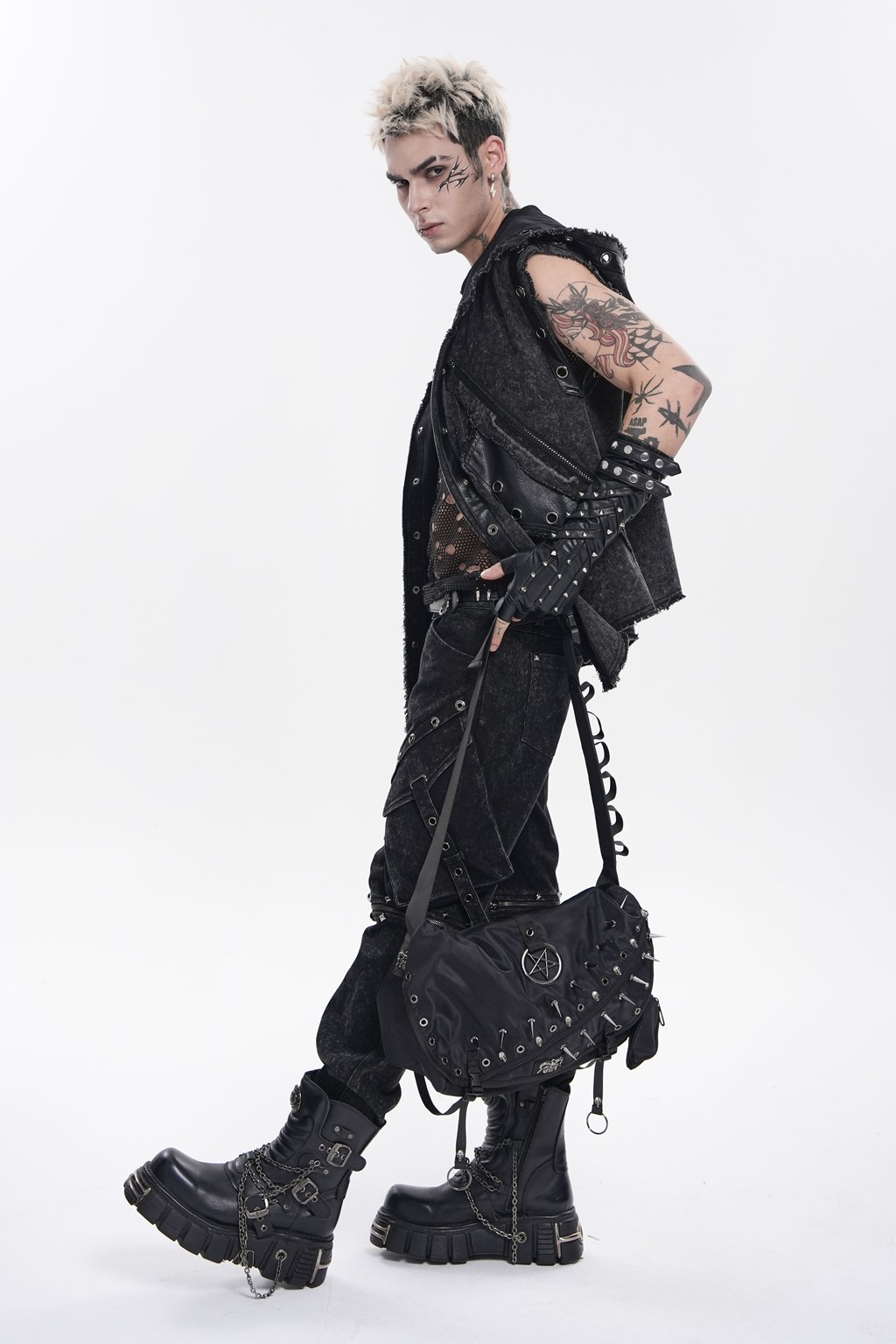 Devil Fashion Men Black Gothic Punk Skull Stud Spiked Shoulder Bag Messenger Bag
