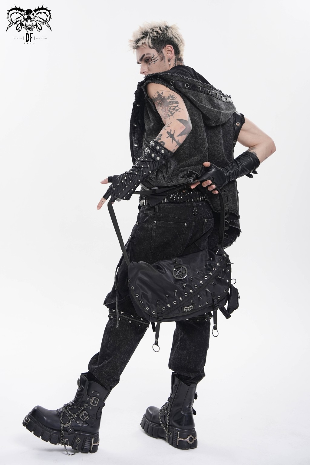Devil Fashion Men Black Gothic Punk Skull Stud Spiked Shoulder Bag Messenger Bag