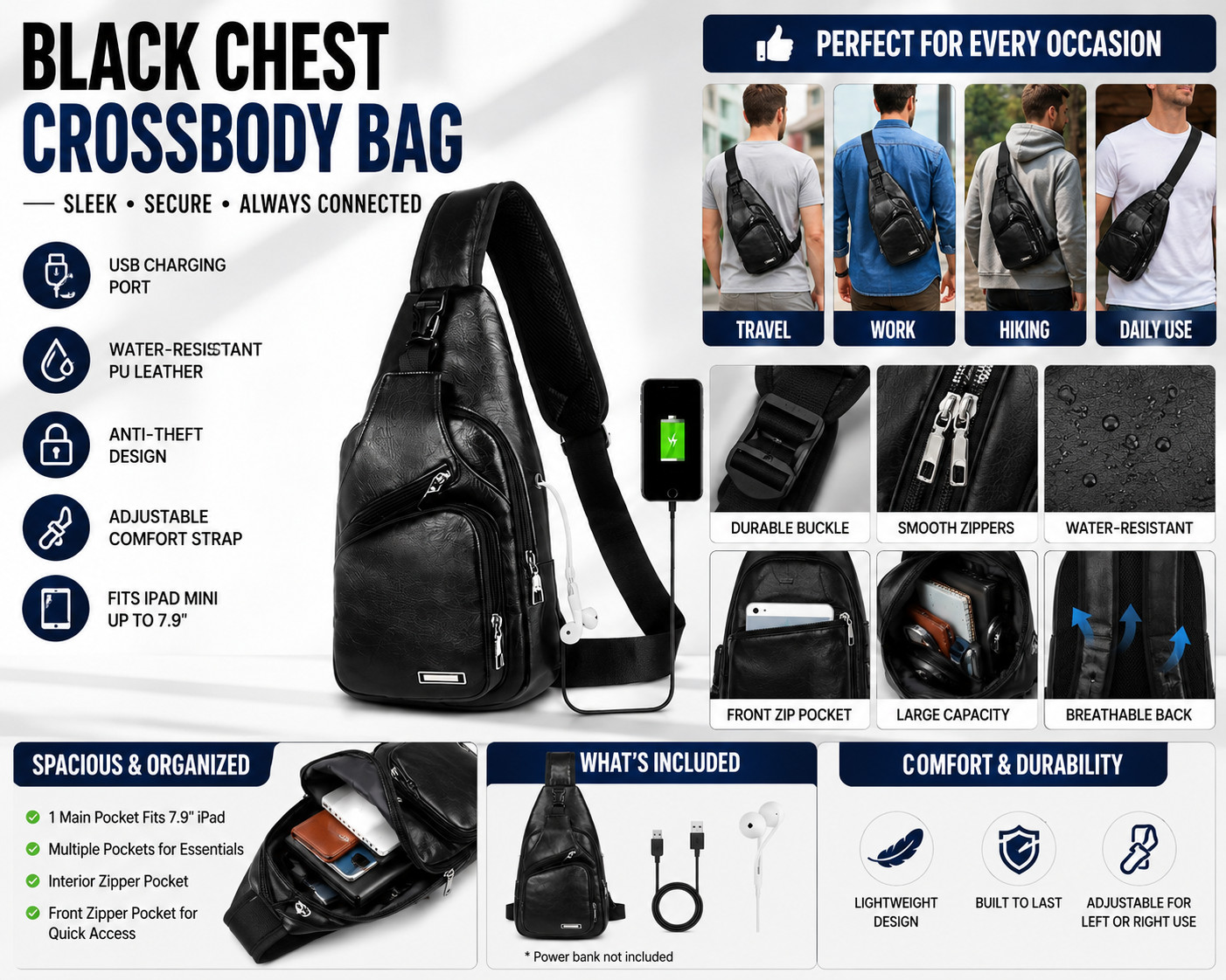 Black Chest Crossbody Bag Sling Backpack for Men with USB Charge Port Hole
