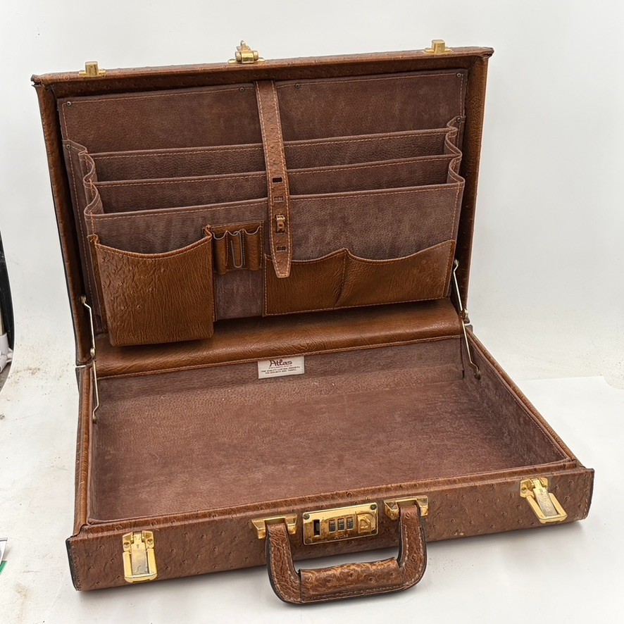 Vintage ATLAS Brown Ta Full Quill Ostrich Attaché Briefcase Amiet Locks w/ Combo