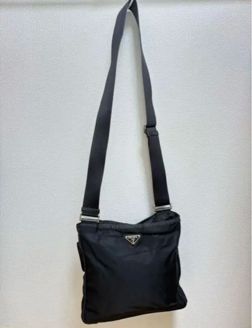 PRADA Black Nylon Shoulder Bag Mens Woven Crossbody Strap 11.8×9.5×1.6in