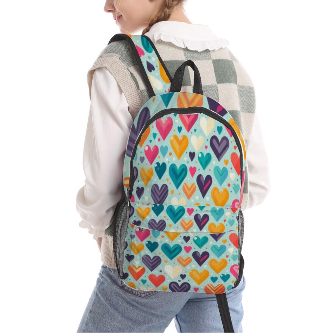 Light Blue Various Color Heart Pattern (AOP) Travel Backpack 17.3″ x 10.2″ x 5.9