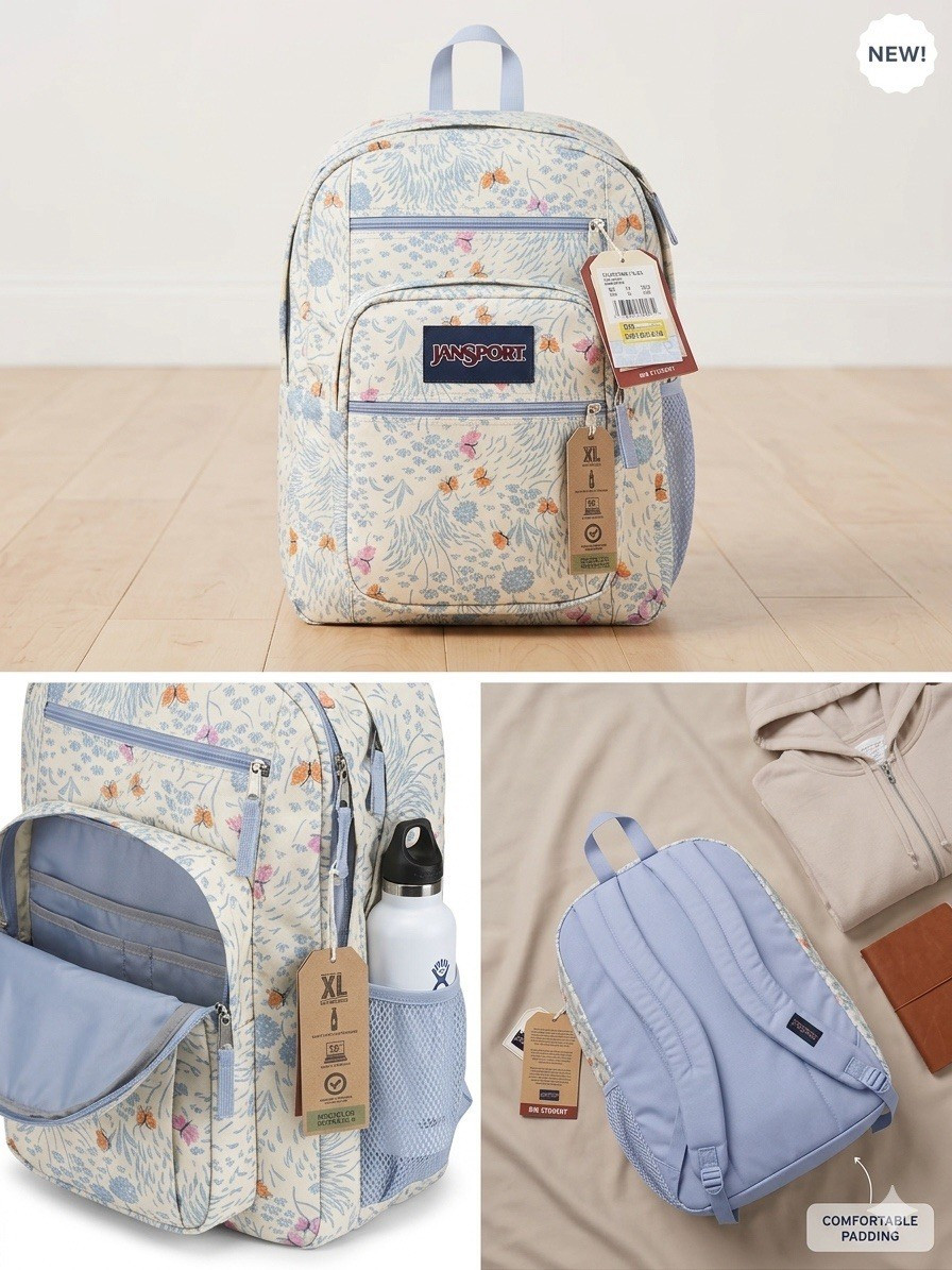 JanSport Floral Multicolor Large Backpack Zip Closure Bottle Pocket Inner/Outer