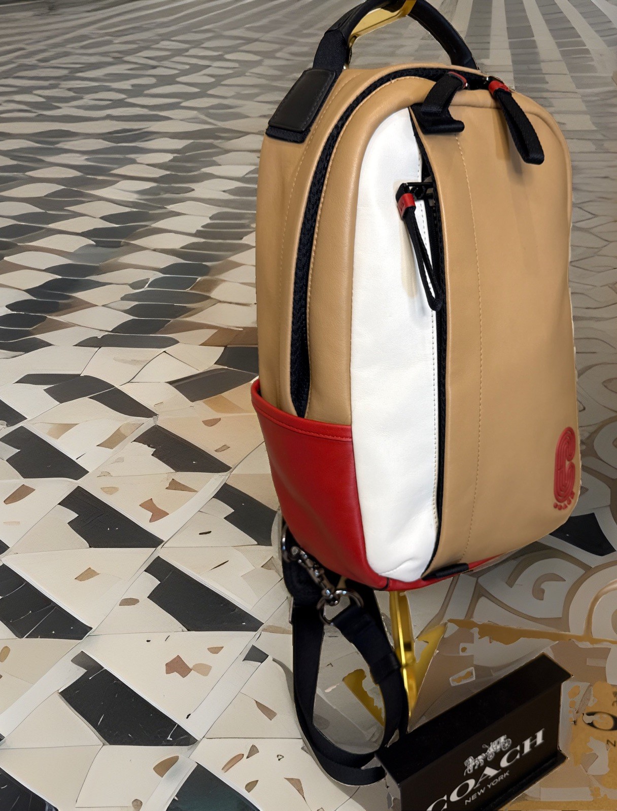 Coach Leather Racer Sling Pack – Unique Tan/Red/White ColorBlock Edition ~MC~